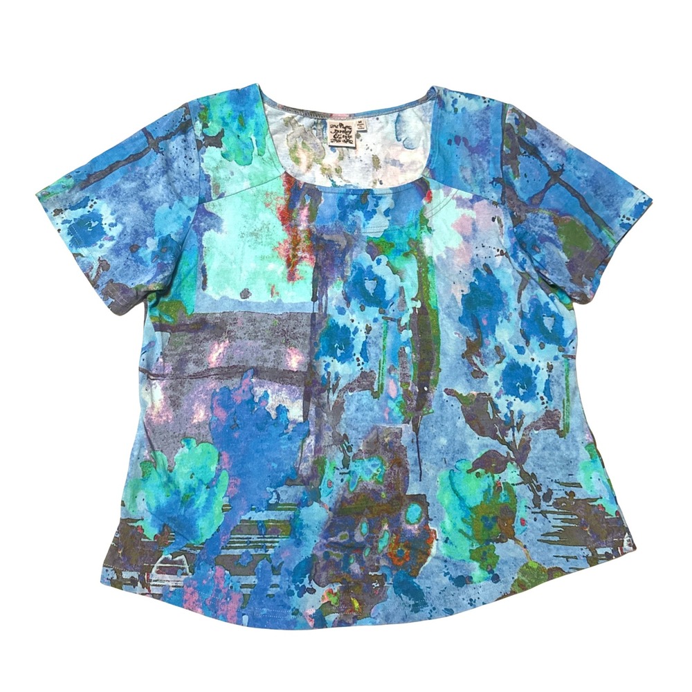 Parsley & Sage Womens Blue Abstract Watercolor Floral Square Neck Top Medium